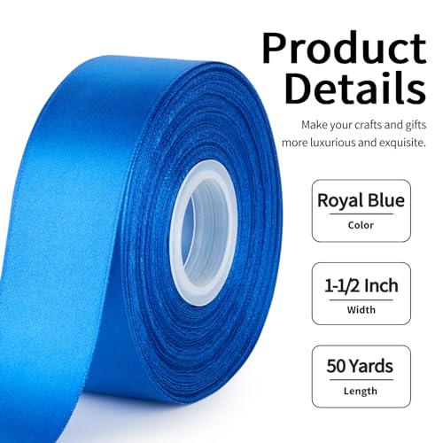 Image of Mauproy 1-1 /2 Inch Wide Royal Blue Satin Ribbon, 50 Yards Solid Polyester Fabric Ribbon for Roses Making, Gift Wrapping, Flower Bouquets, Wedding Decorations, Handmade Crafts