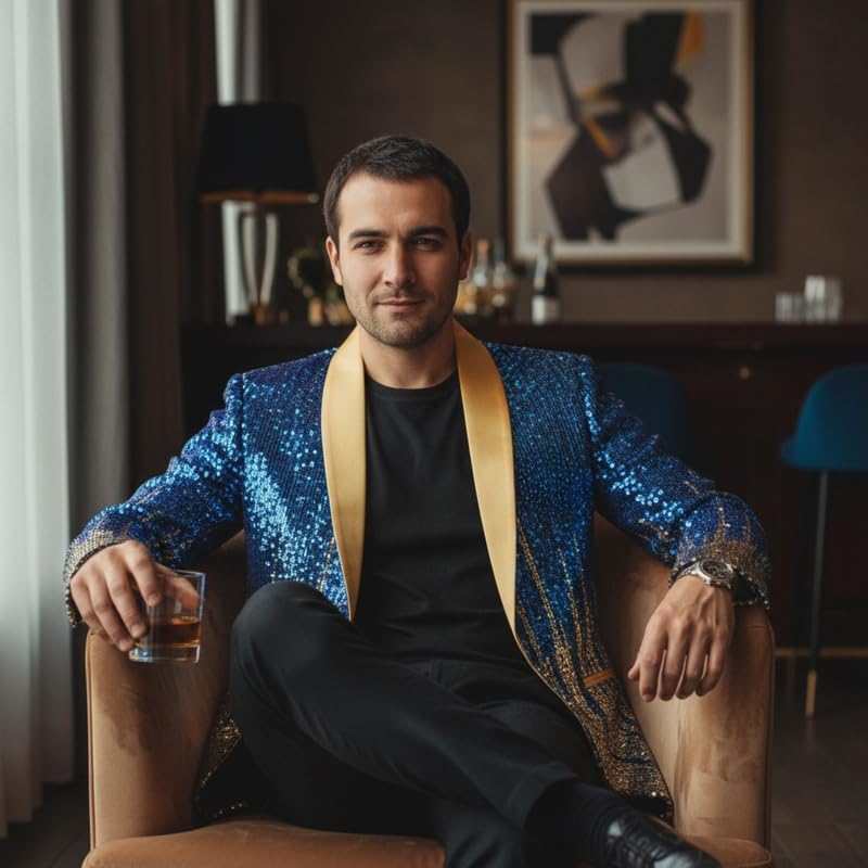 Mens Sequin Blazer Shawl Lapel One Button Gradient Suit Jacket with Pockets for Stage Performance Party