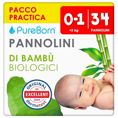 PureBorn 34 Pannolini Taglia 1 (0-5 kg), Ipoallergenico, Ultra assorbente,