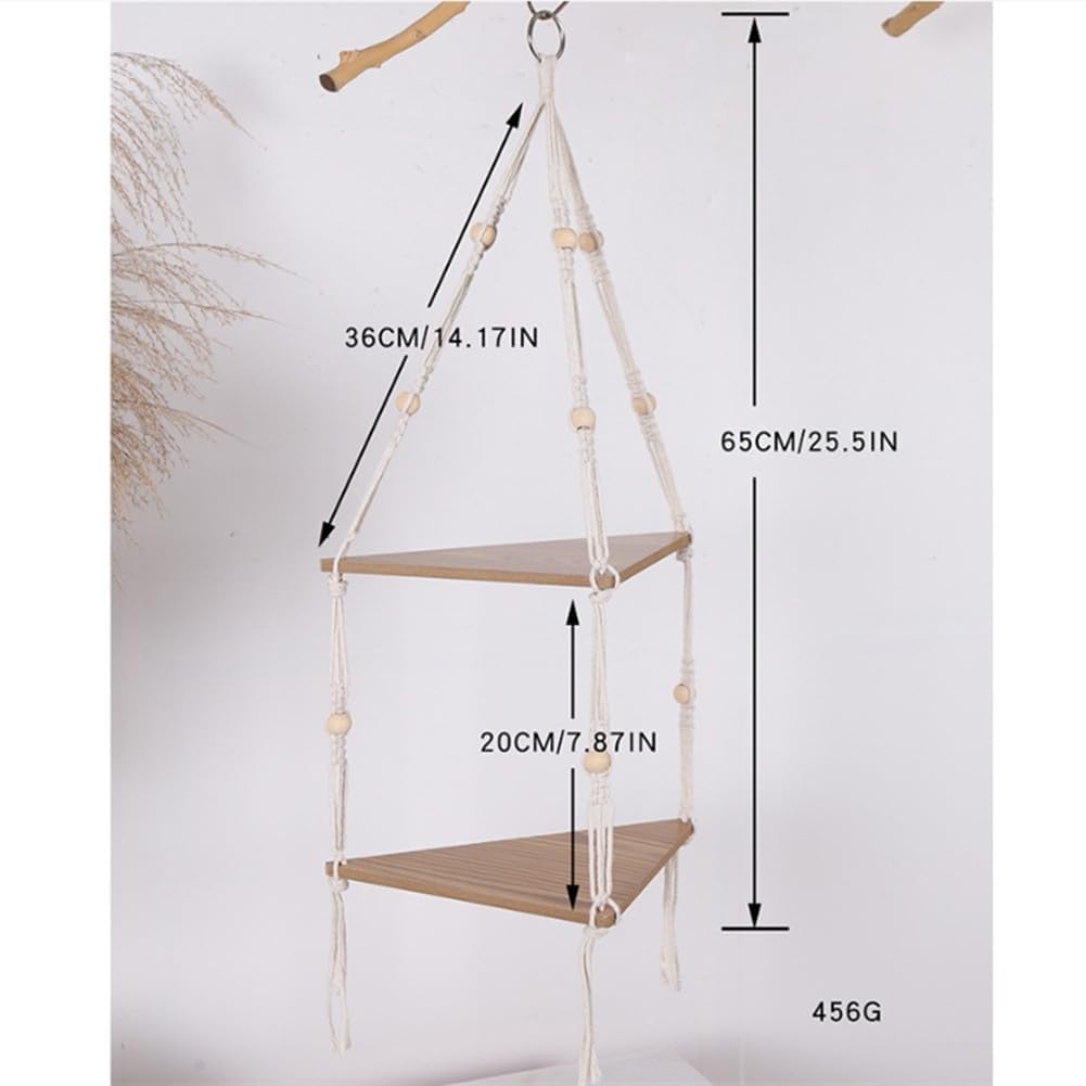 Garvee Eckregal hängend Holz, 2 Etagen Schweberegal mit Seil & Perlen, Boho Dekoration Wandregal für Pflanzen & Fotos, Eck-Hängeregal für Wohnzimmer Schlafzimmer Bad, Naturholz Design