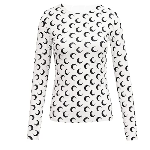 Crescent Moon Print & Long/Short Sleeves Shirt Women Bodycon Outfits Summer Tee, Small