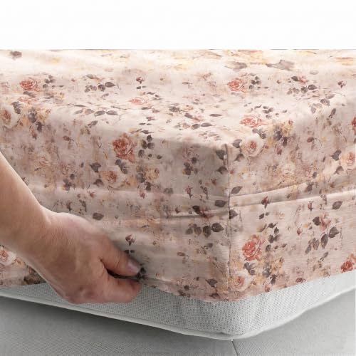 Image of Story@Home King Size Air Cotton Fitted Bedsheet 240 TC Fitted Sheet with 2 Pillow Covers, Soft & Durable Bed Sheet for King Bed (182 x 198 cm, Floral Print, Ivory Rose)