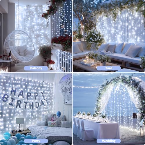 Image of JMEXSUSS 200 LED White Curtain Lights, USB Powered, 6.5ft x 6.5ft | White Christmas Lights with Remote, 8 Modes Hanging String Lights for Bedroom Wall Wedding Party Backdrop Window Decor