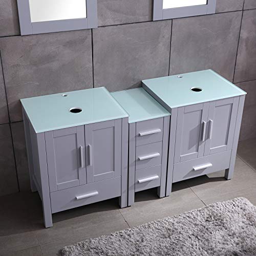 60\" Double Sink Gray Bathroom Vanity Paint MDF Wood Cabinet Glass Top w/Mirror, Faucet&Drain Set