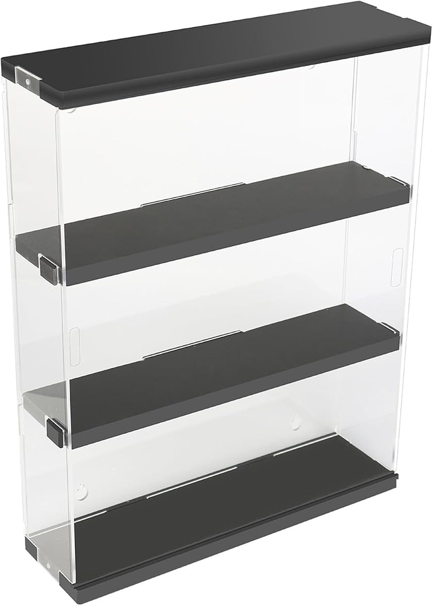 DuvinDD 3-Shelves Acrylic Display Case for Collectibles, Wall Mounted | Clear Funko POP Shelves Figure Display Case with Sliding Door, Dustproof Hot Wheels Storage Box, Black(11.8x3.3x14.8inch)