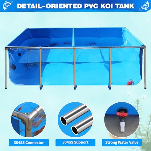 Image of PVC KOI Aquarium Tank, Temporary Fish Tank with Clear Viewing Panel, KOI /Goldfish Pond with 304SS Frame & Drain Valve(70.9 inch L*39.4 inch W*31.5 inch H, About 345Gal Water Capacity)