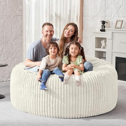 Image of HABUTWAY 4FT Bean Bag Chair, 4' Large Bean Bag Chairs for Adults with Removable Stripe Plush Cover, Memory Foam Beanbag Chair for Living Room Bedroom Dorm (White)