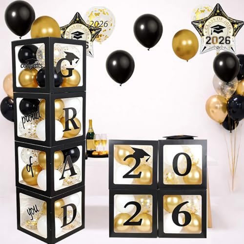 Grad Balloon Boxes for Balloon Arch Kit Black Gold Graduation Decorations 2026 Party Dcor- 4Pcs Black Balloon Boxes with Letters & Balloons for Class of 2026 Photo Backdrop Props