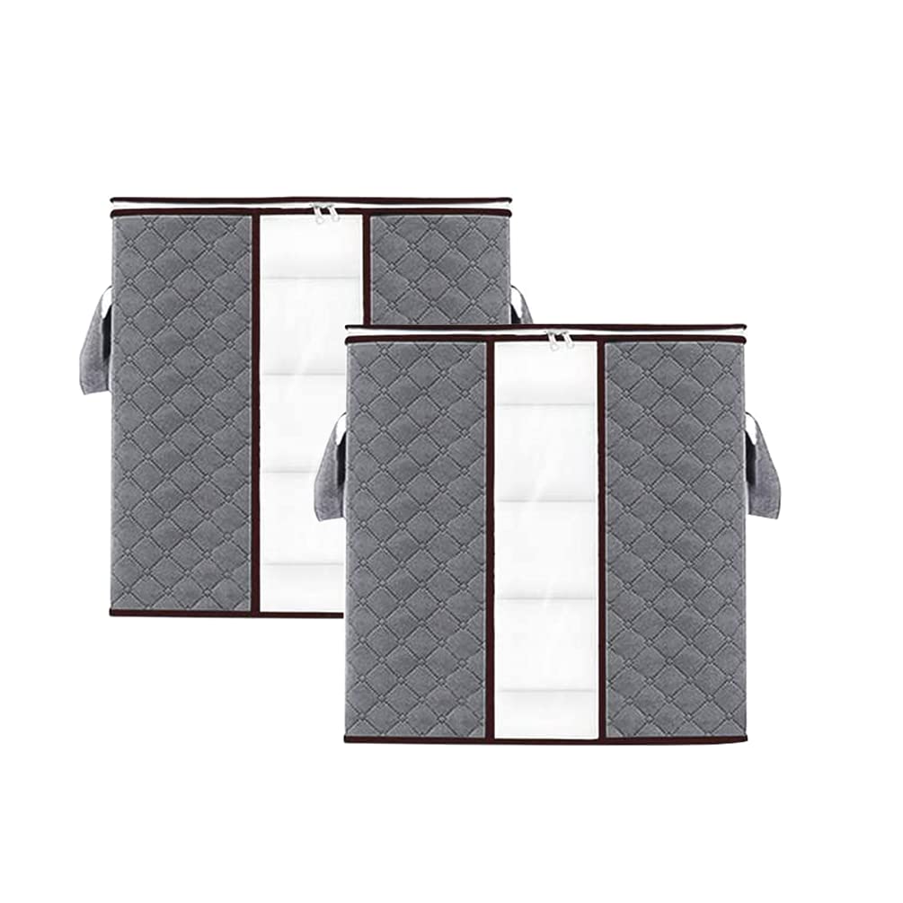 JHMIH 2 Pcs Storage Bags, Large Capacity Foldable Clothes Storage Bag Organizer with Zips Reinforced Handles&Clear Window, Underbed Storage Thick Fabric Moistureproof for Clothes, Bedding Gray