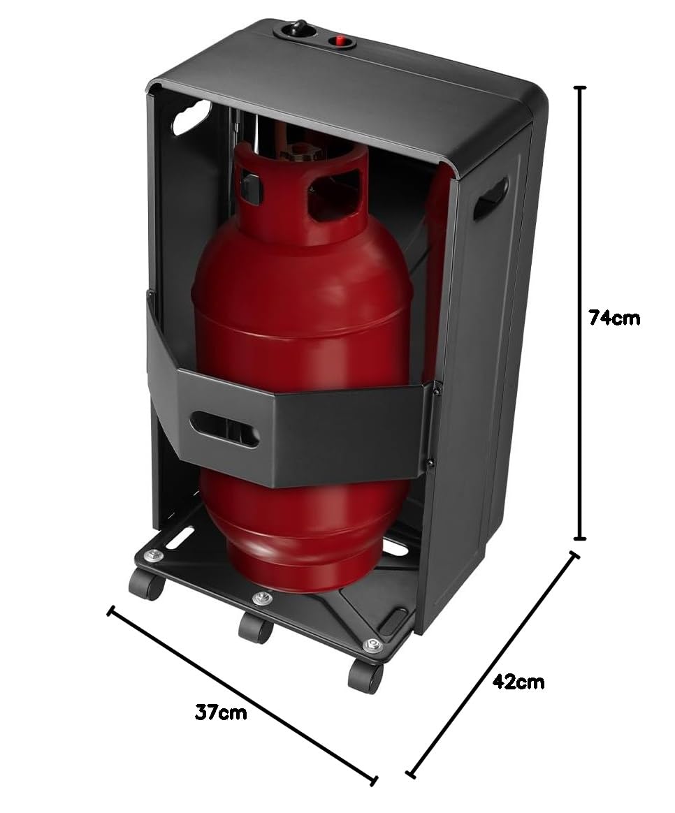 BAKAJI Stufa a Gas Pieghevole per Bombola GPL di 15 kg con 3 Elementi Riscaldanti e 3 Potenze Selezionabili, Accensione Piezoelettrica, Struttura in Metallo Nera, 4 Ruote Sistema Antiribaltamento