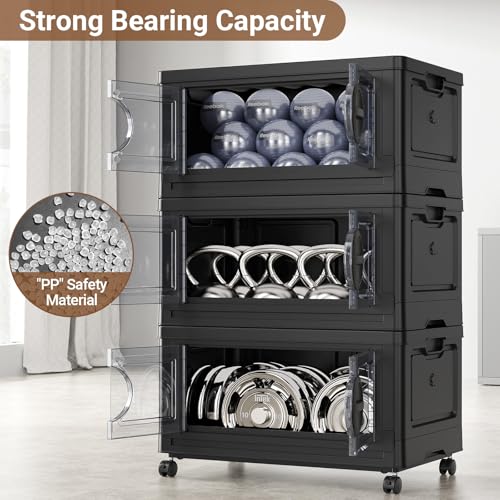 Image of BROVIEW 360Qt Lockable Stackable Storage Bins with Lids, Closet Organizers and Storage Drawer, Collapsible Storage Bin with Wheels, Plastic Cabinet for Toy Clothes Dorm Organizer, V9 3 Pack Black