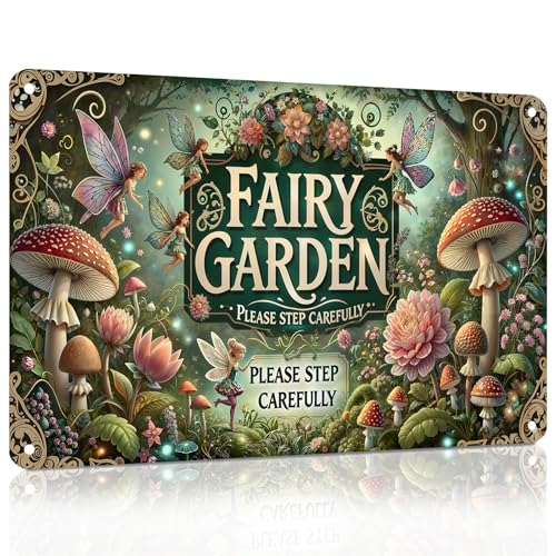 Aroutde Gardening Gifts Vintage Garden Metal Sign 'FAIRY GARDEN' Retro Gardening Tin Plate Wall Decor for Home Garden Yard Cottage Greenhouse Outdoor Decor (8x12 Inch)