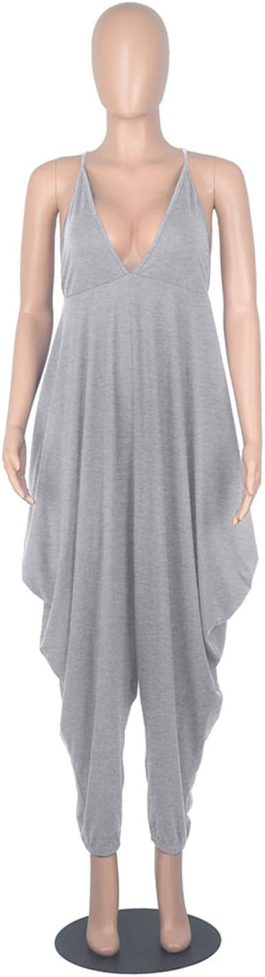 Uni Clau Harem Jumpsuit for Women Casual Harem Romepr for Women One Piece Deep V Neck Outfit Women Loose Long Palysuit Grey