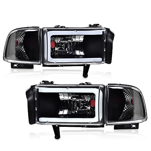G-PLUS LED Light Strip Headlights w/o Bulbs Fit Dodge Ram 1500 1994-2001/Dodge Ram 2500 3500 1994-2002 Clear Lens Black Housing Clear Reflector Bumper Headlamps,faros delanteros Assembly