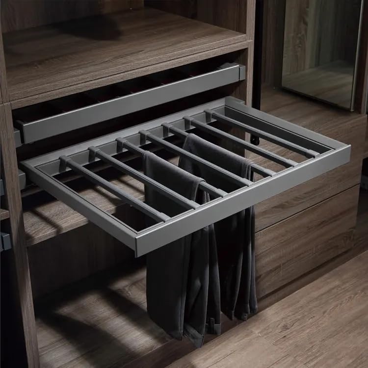 Image of DBR Aluminium Soft Close Wardrobe Pull Out Trousers Rack Pants Saree Rack Clothes Hanger Accessories 600 mm Gray (600 MM), 1 Count