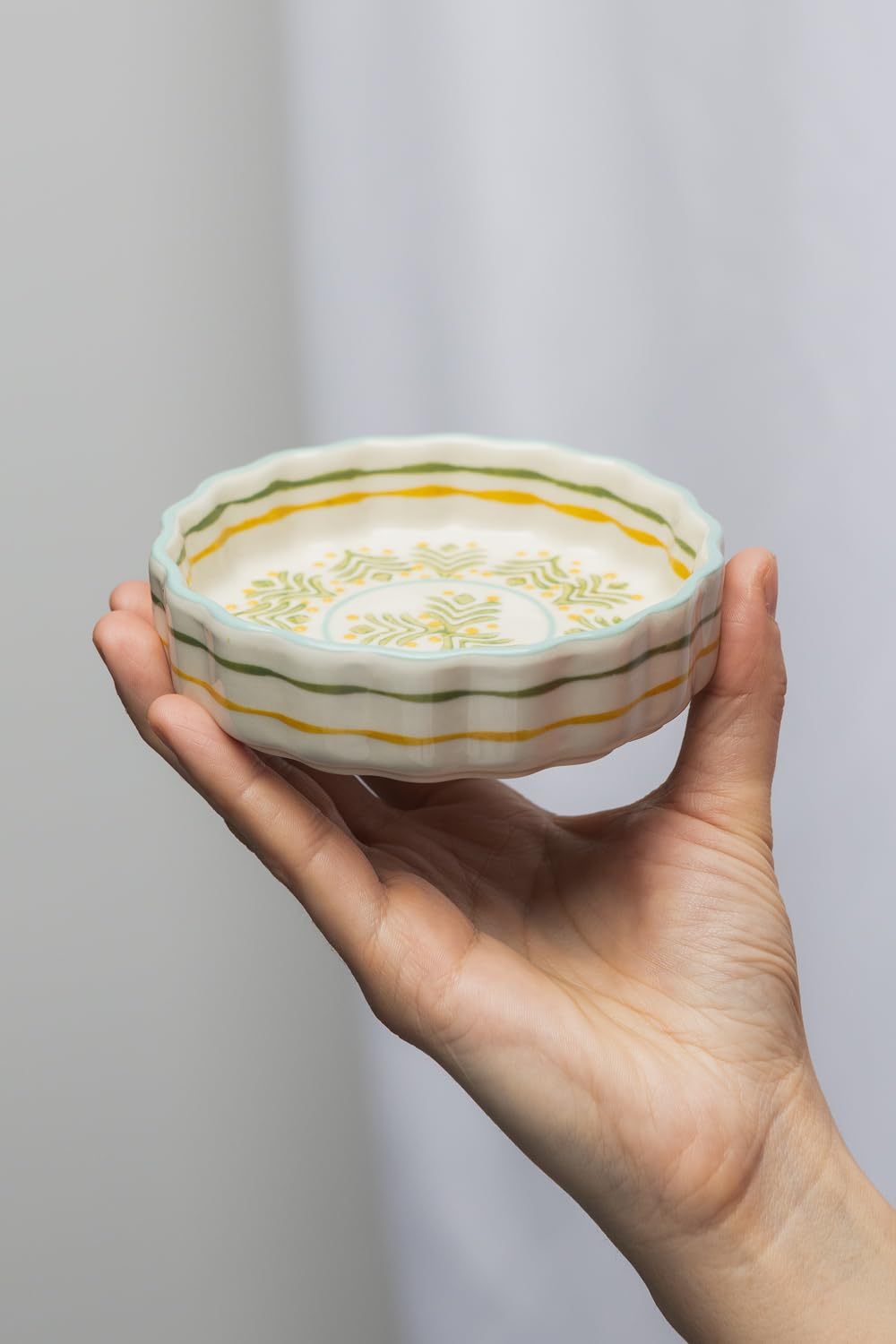 Tranquillo Juego de 6 moldes para tarteletteform de gres con estampado estampado a mano, color verde/amarillo, diámetro 11 x 3 cm