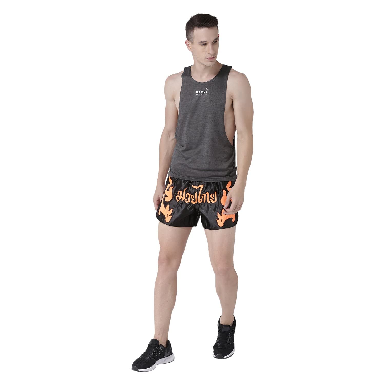USI UNIVERSAL THE UNBEATABLEMuay Thai Black and Orange Shorts