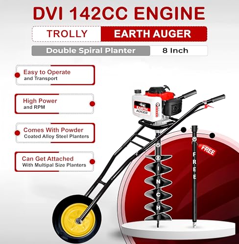 Image of DVI 142CC Trolley Earth Auger Machine, 4-Stroke Petrol Engine - with 8 Inch Double Spiral Planter Bits & Free Extension Rod | for Plantation, Fencing & Post Hole Digging in All Soil Types.