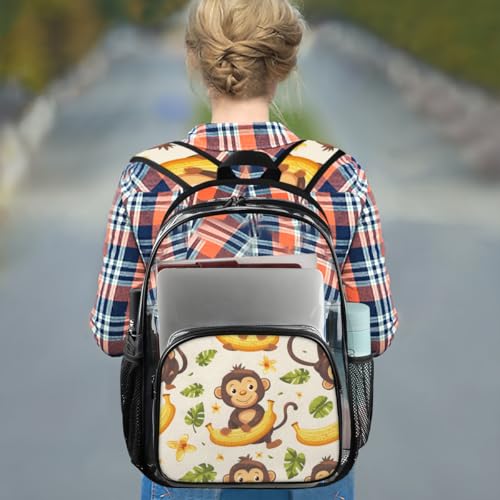 Monkey Banana Leaf Flowers Clear Backpack Stadium Approved PVC Backpacks for Adults Heavy Duty Clear Bag for Work Security Travel College3