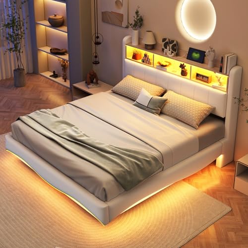 Biqzuya - Cama con luz LED, 140 x 200 cm, puertos USB-C de carga rápida + almacenamiento multifunción empotrado, tejido de lino, color beige