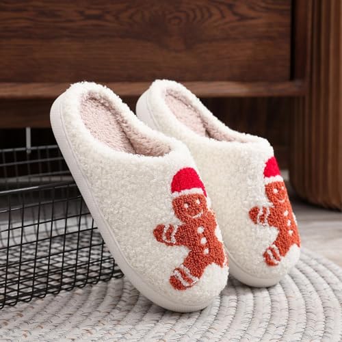 Christmas Gingerbread Man Fuzzy Slippers for Women and Men - Winter Warm House Couple Shoes - Cozy Indoor Home Bedroom Slippers3
