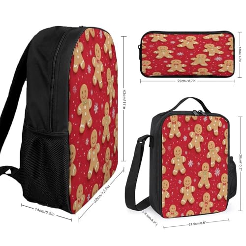 Unisex Fashion 3 Pcs Set, Large Capacity Christmas Red Polka Dots Snowflakes Gingerbread Cookies Backpack, Pencil Pouch Easy to Clean, Lunch Bag for Work2