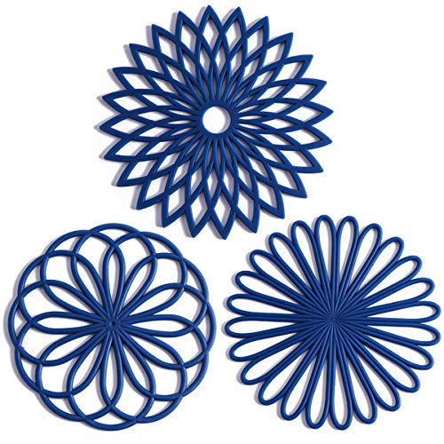 Set of 3 Silicone Trivet Mat - Hot Pot Holder Hot Pads for Table & Countertop - Trivet for Hot Dishes - Non-Slip & Heat Resistant Modern Kitchen Hot Pads for Pots & Pans, Navy Blue