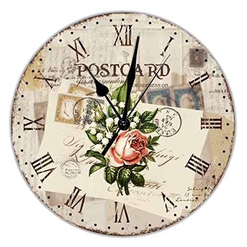 Reloj de pared redondo de PVC con diseño de rosas francesas vintage, funciona con pilas, cuarzo silencioso, 25,4 cm, decoración clásica para el hogar, sala de estar, dormitorio, oficina, cocina y