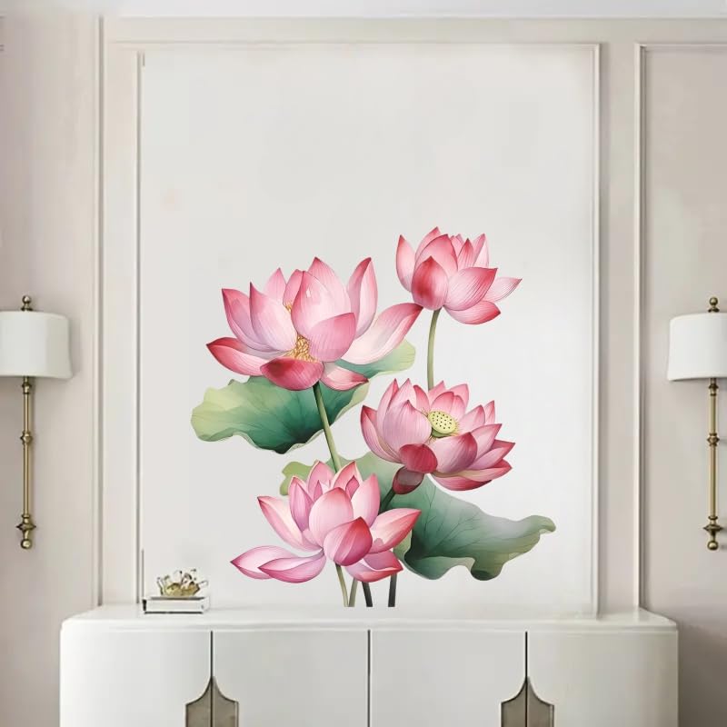 Image of Pink Lotus Flower Wall Decal, Large Floral Wall Sticker, 60 x 62 cm, Decorative Vinyl Art for Home
