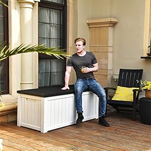 Yitahome 120 gallon large deck box resin outdoor storage box wlockable black lid for outdoor pillows garden tools and pool supplies waterproof lockable grayish white  urban country home decor
