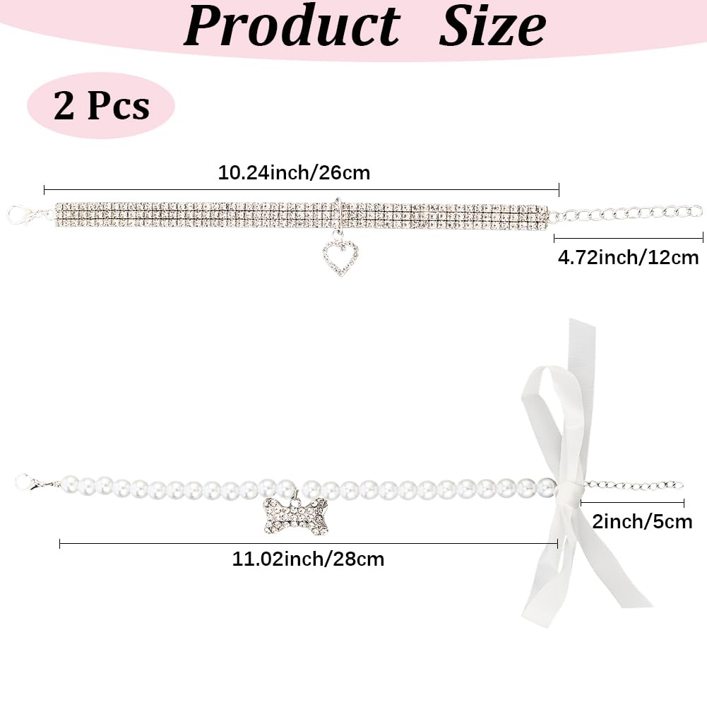 CREATCABIN 2 pz 2 Stili Collana per CaniStrass Bling Collana per Animali Domestici Regolabile Fiocco Bianco Perle Finte Fiocco Cani Osso Cuore Ciondolo Collari per Gatti Cucciolo Festa 28cm; 25.8cm