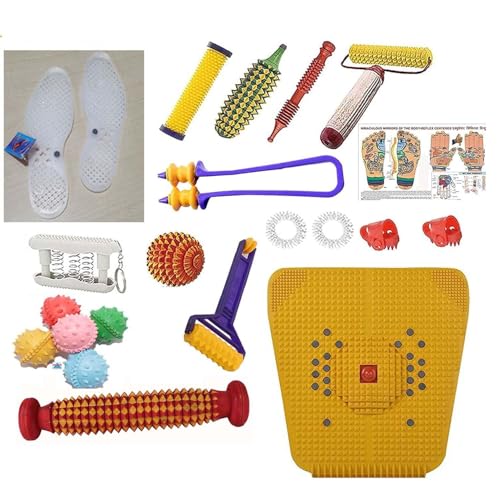 Image of Acupressure Massager & Sujok Therapy Tools Combo Kit For Stress Pain Relief Natural Care With Bio-Magnetic Power Foot Mat & Shoe Sole Foot Roller-Pyramidal Cuts Wooden
