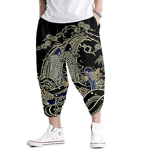 Image of DOSLAVIDA Men's Japanese Kimono Jacket Set Stylish Open Front Coat With Shorts Chinese Style Printed Cardigan Suit