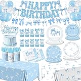 Blue Bow Birthday Party Supplies Serve 24,Coquette Birthday Decorations Blue Bow Party Plate,Napkin,Banner,Cup for Girls Women Bridal Engagement,Baby Shower Decorations