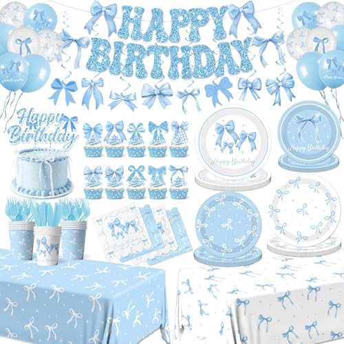 Blue Bow Birthday Party Supplies Serve 24,Coquette Birthday Decorations Blue Bow Party Plate,Napkin,Banner,Cup for Girls Women Bridal Engagement,Baby Shower Decorations