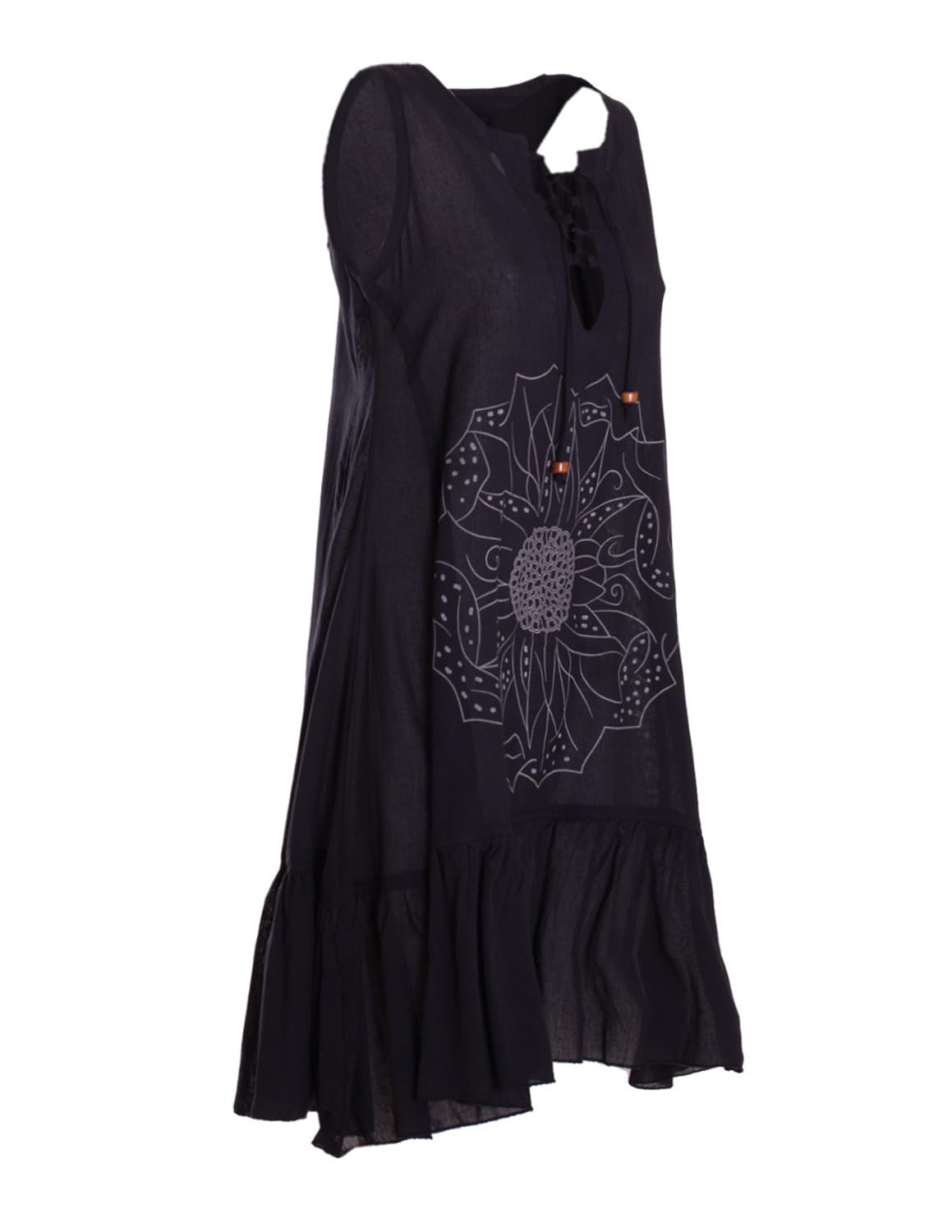 Vishes Alternative Bekleidung - Damen mittellanges Kleid Baumwolle Blumen-Muster Hängerkleid mit Schnürung und Holzperlen