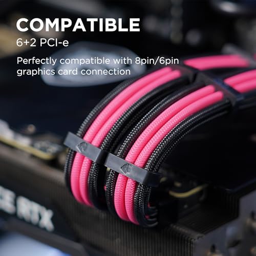 Image of AsiaHorse Upgraded 16AWG PSU Cable Extension Sleeved Custom Mod GPU PC Power Supply Soft Braided Cables (Black-Pink) with Two Color Comb Kit 24P /8P to 6+2P /8P to 4+4P 30CM