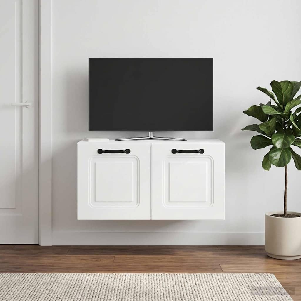 Mobile Porta TV da Muro Bianco Lucido in Legno Ingenerizzato 59,5 x 31 x 30 cm con Scomparti e Ripiani, Supporto TV Sospeso per Soggiorno, Consolle Salvaspazio con Passacavo e Anta