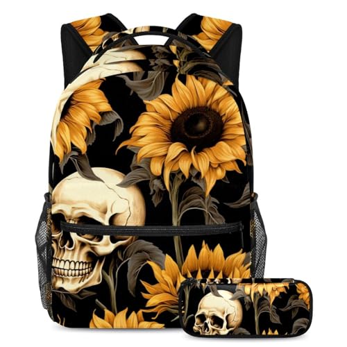 Ensemble cartable crâne et tournesols au motif multicolore résistant pour adolescents