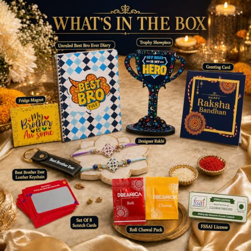 Image of Dreamica Designer Set of 2 Rakhi, Best Bro Diary, Fridge Magnet,Set of 8 Scratch Cards, Trophy showpiece, Keychain,Greeting Card and Tilak Set| Best Rakhi Gift for Brother