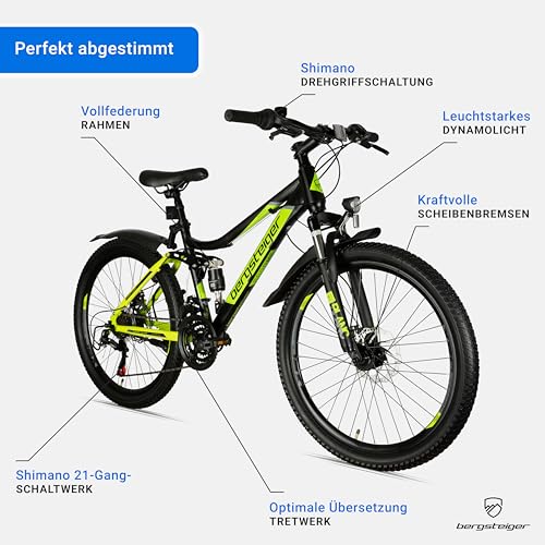 Bergsteiger Broome 24, 26 Zoll Kinderfahrrad, 21 Gang-Schaltung, StVZO, Mountainbike mit Vollfederung, Scheibenbremsen & Dynamo-Licht, geeignet für 8, 9, 10, 11, 12, 13 Jahre, Jungen & Mädchen – Bild 6