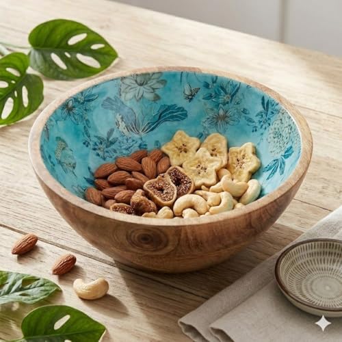 Image of SAAGA Large Mango Wood Mixing Bowl | 8 x 2.5 Inch Printed Wooden Serving Bowl for Salads, Fruits, Snacks & Curries | Handcrafted Kitchen & Dining Bowl | Marine Blue