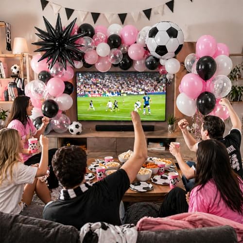 Image of Light Pink and White Soccer Balloons, 12 Inch Pastel Pink and Black Clear Soccer Balloons with 22 In Soccer Ball & Black Star Foil Balloon for Game Day Sports Football Theme Birthday Party Decorations