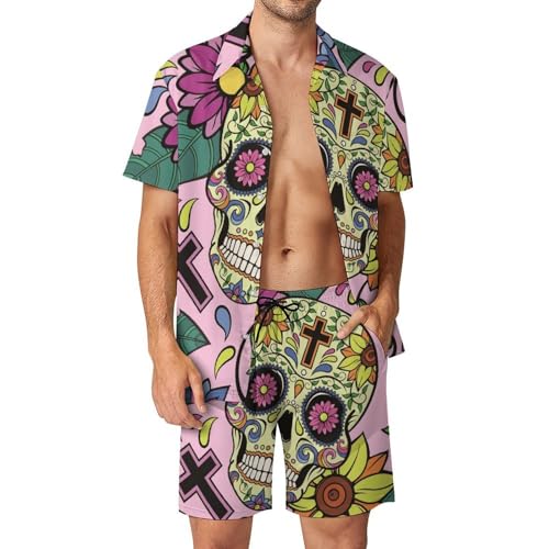 Chemise Hawaïenne Homme Ensemble Short Pantalon de Plage Motif Crâne Fleuri d'Été