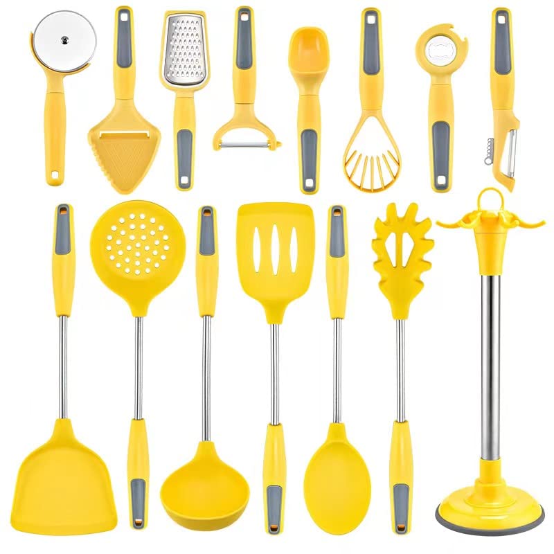 Silicone Cooking Utensil Set, 15 pcs Stainless Steel Silicone Cooking Kitchen Utensils Set, Cooking Utensils for Nonstick Cookware, Kitchen Gadgets and Spatula Set - Yellow