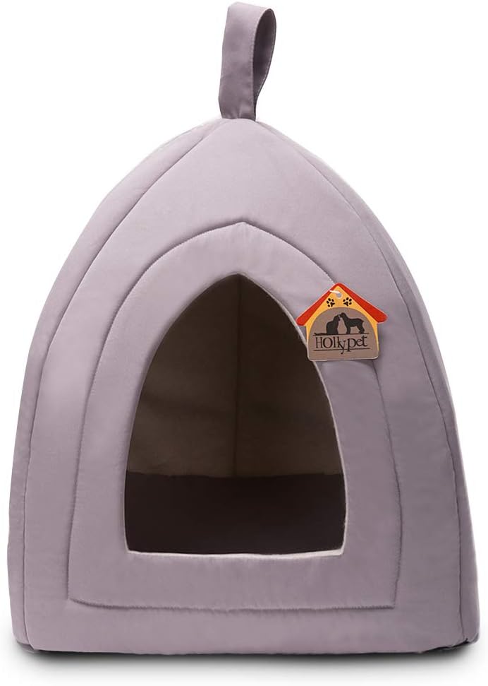 Hollypet 13 × 13 × 14 inches Self-Warming Comfortable Triangle Cat Bed Tent House, Gray