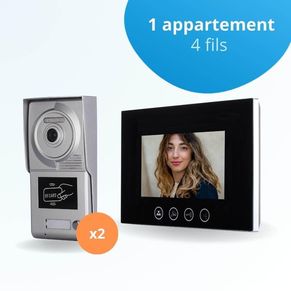 Portier interphone vidéo Classic 4 Fils pour 2 entrées - 1 Appartement - 2 platines - 1 écran Noir 7" - avec mémoire Photos - avec Lecteur de Badge