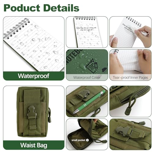 QLFJ-FurDec 4PCS Wasserdichtes Notizbuch Mini Notizblock, 1PCS Molle Tasche und 2PCS Kugelschreiber, A7 Pocket Write in the Rain Notizbücher mit Spirale, 13x7.7cm Kleiner Field Notes (Grünes Set)