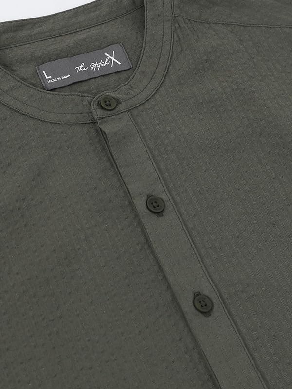 Image of StitchX Men's Seersucker Band Collar Pure Cotton Striped Kurta Shirt-S-2XL