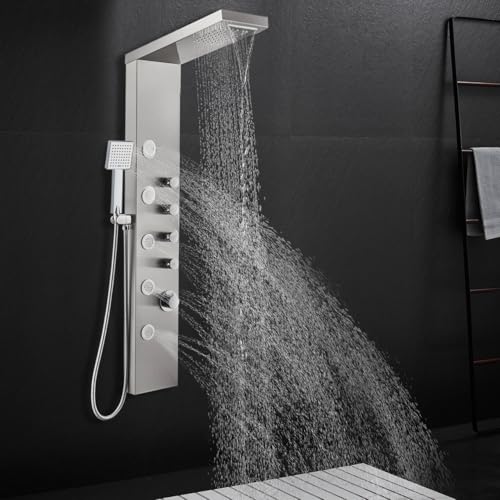 ROVATE Rainfall Waterfall Shower Tower Panel System, 304 Stainless Steel Bathroom Shower Panel Tower with 5 Body Sprays and Flexible Handheld Shower, Shower Column Wall Mount, Delicate Brushed Finish